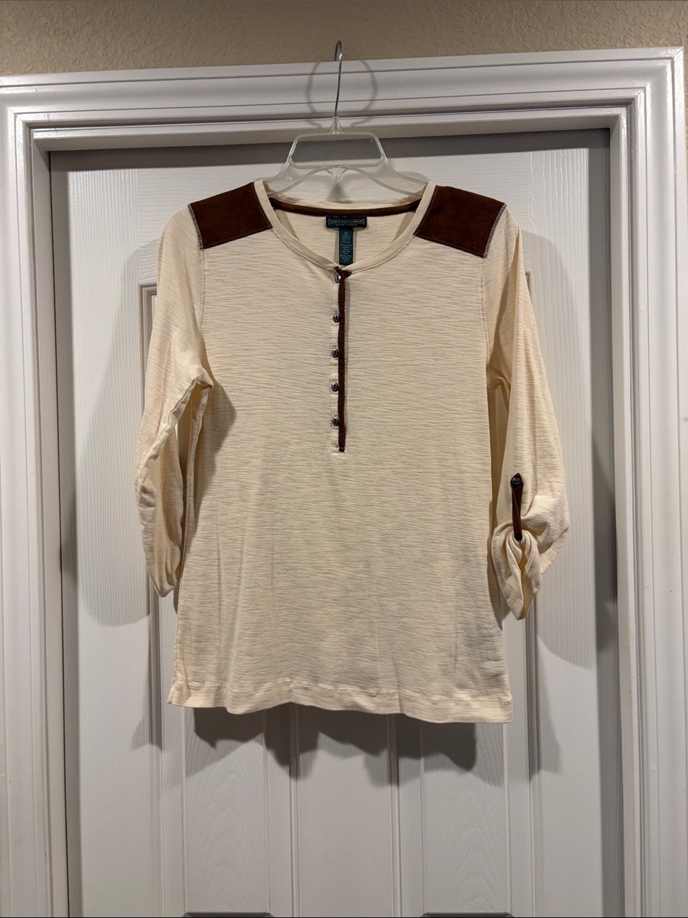 Ralph Lauren Cream Henley Top with Brown Shoulder Accents like new size M